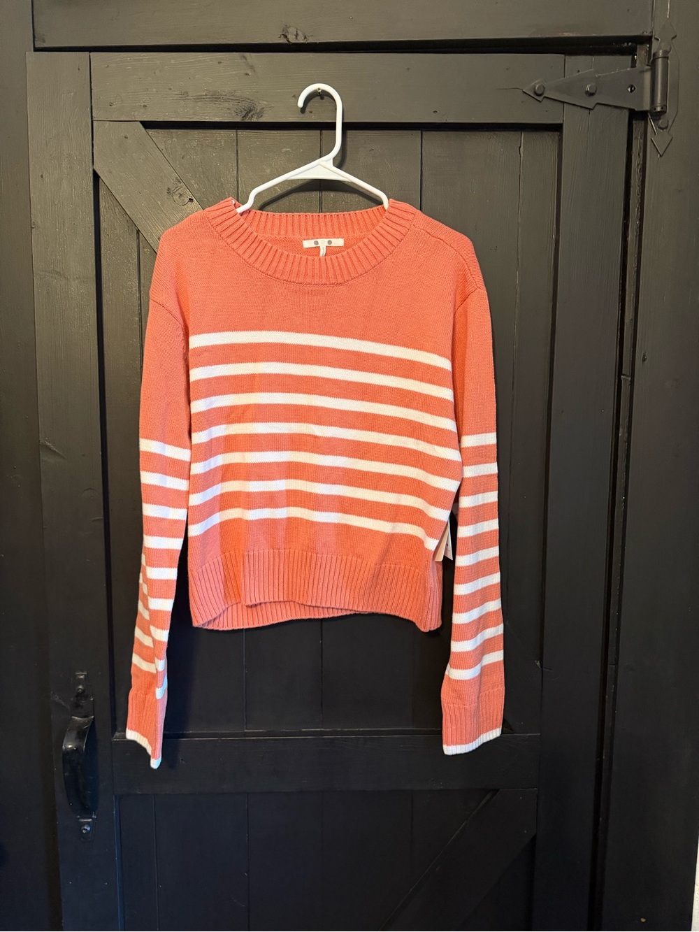 Three Dots Coral and White Striped Scoop Crew Sweater